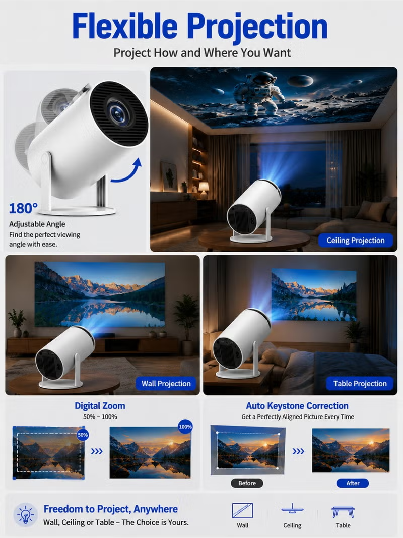 Smart Mini Projector with Android 11 and 4K Support