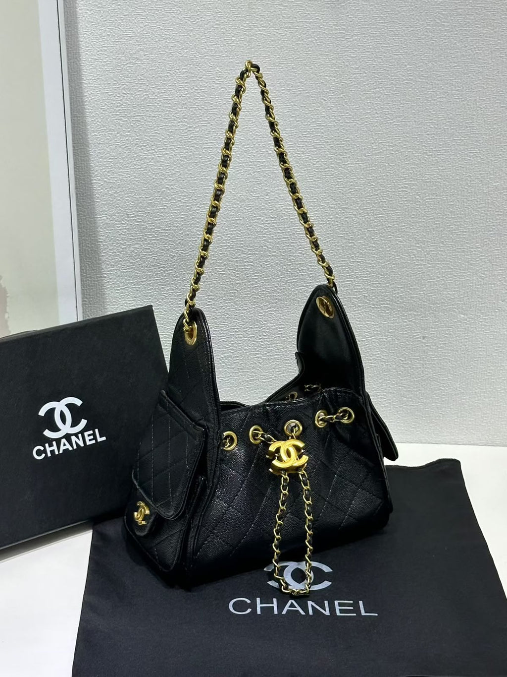 Quilted Drawstring Chain Tote