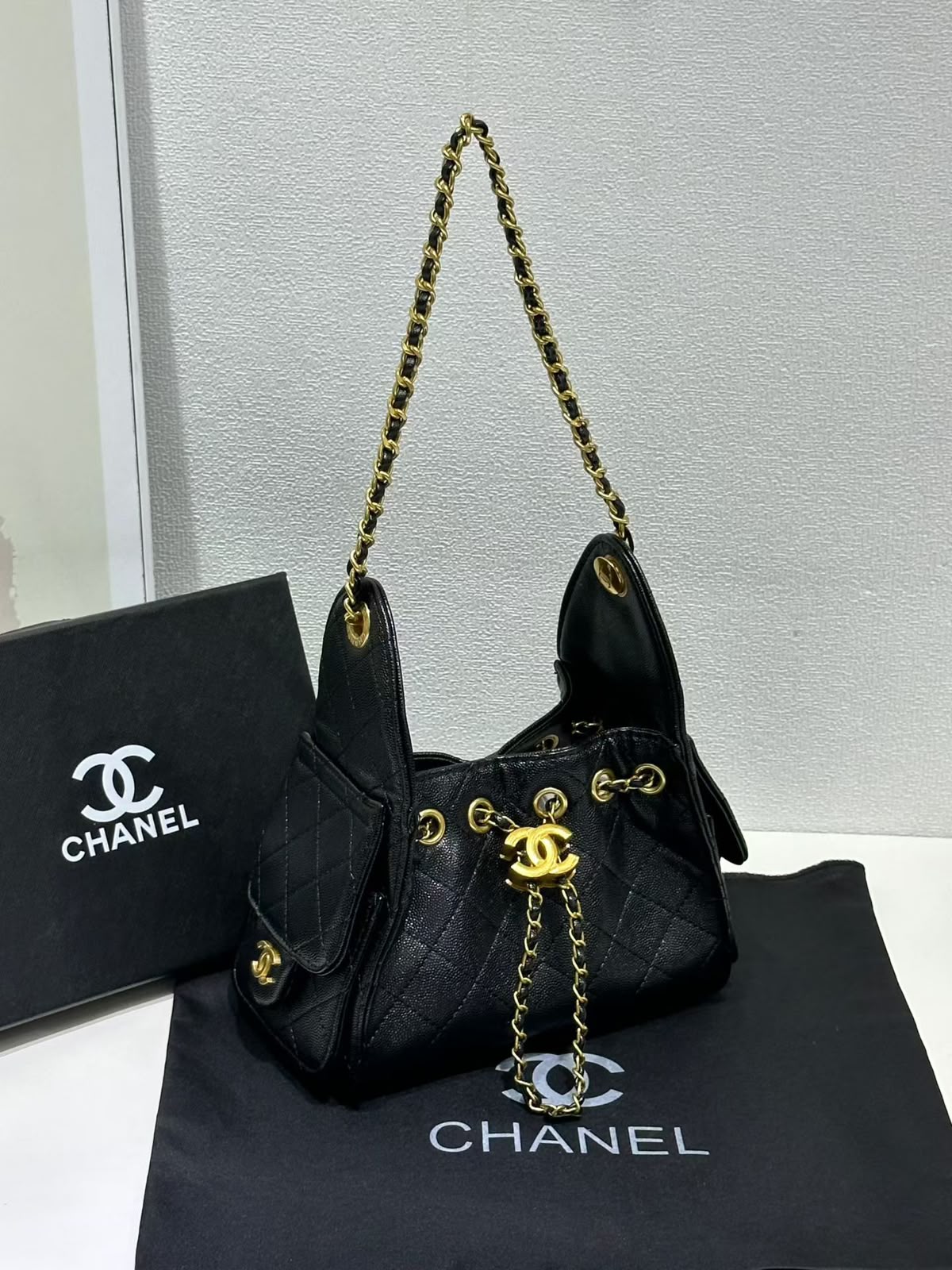 Quilted Drawstring Chain Tote